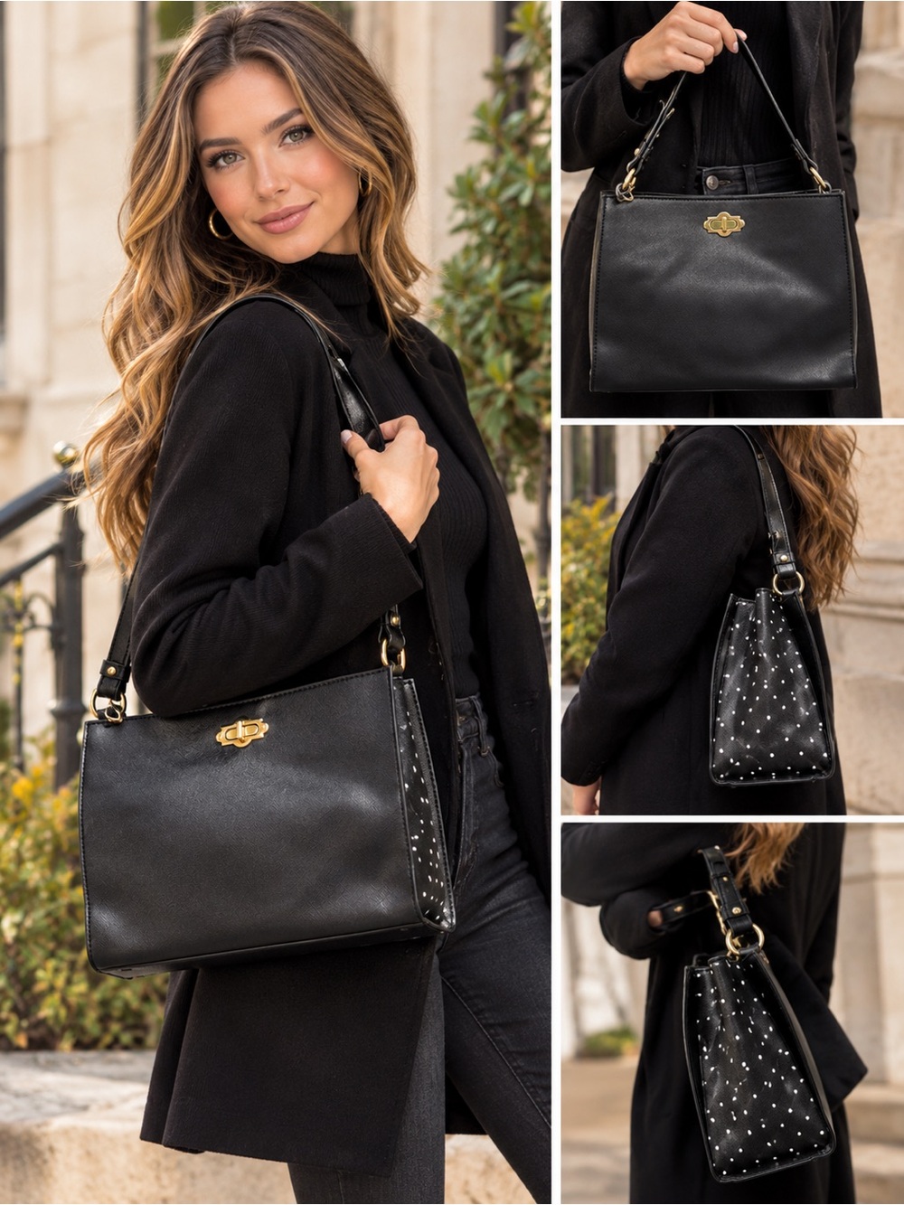 Crown & Ivy Avery Black with White Polka Dots Shoulder Crossbody Handbag Purse